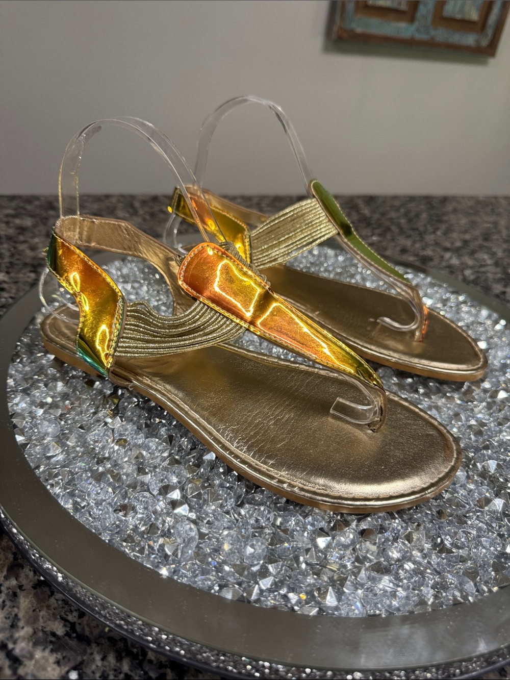 Rouge! Metallic Gold Iridescent T-Strap Sandals 8